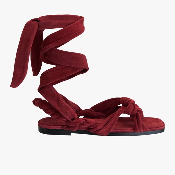 ZARA Tied Flat Leather Sandals - Burgundy Red - Picture 4 of 5